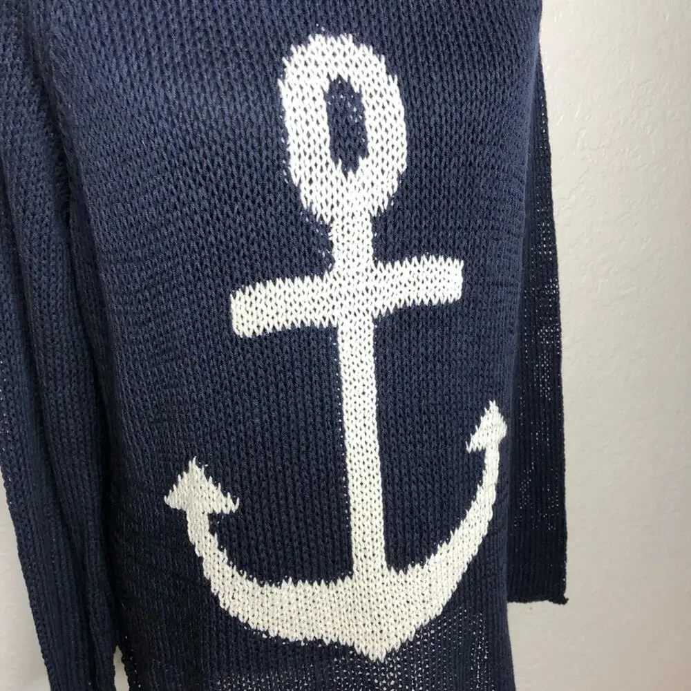 Wooden Ships navy white anchor nautical open knit sweater size Medium / Large ML - Picture 7 of 13